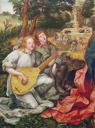 Jungfrau und Kind mit Engeln, Detail der Engelmusiker, 1536-38